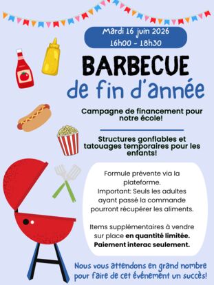 École de la Petite-Ourse - BBQ de fin d'année - Mardi 16 juin 2026